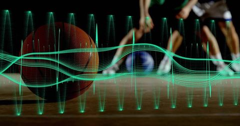 Basketball with teal waveform visualizing game pulse and player motion