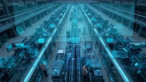 Smart factory displaying robotic assembly lines with technicians monitoring conveyor systems
