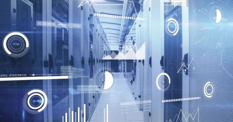 Futuristic Data Center Corridor with Holographic Metrics