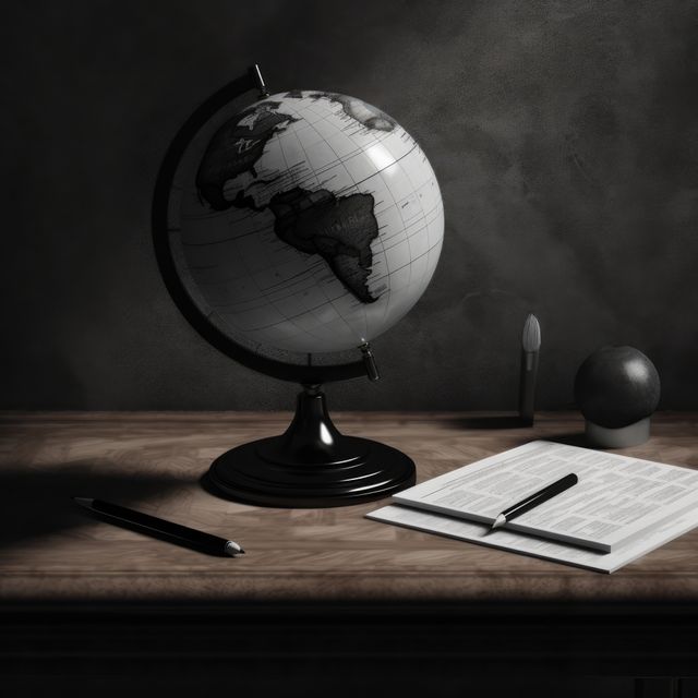 A globe, book, and pen rest on a wooden desk, with copy space. Essential tools for education, they evoke a studious atmosphere in a home or school setting.