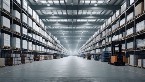 Expansive Warehouse Aisle with Floating Shelves and Stationary Forklifts - Download Free Stock Images Pikwizard.com