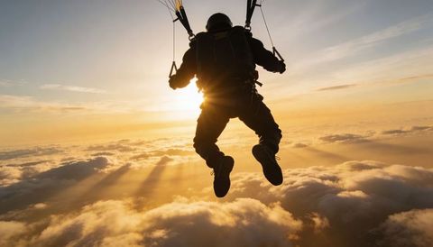 Skydiver gliding above golden cloud sea at sunrise silhouette parachute descent