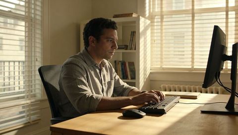 Man typing at sunlit home office desk with blinds casting dramatic window shadows