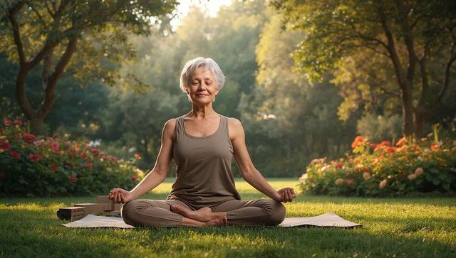 Senior woman meditating in serene garden practicing mindfulness and gentle yoga at sunrise