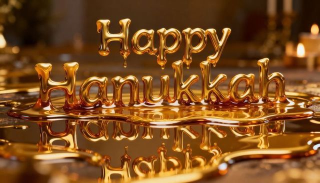 Melting gold happy hanukkah lettering gleaming and reflecting candlelight on tabletop