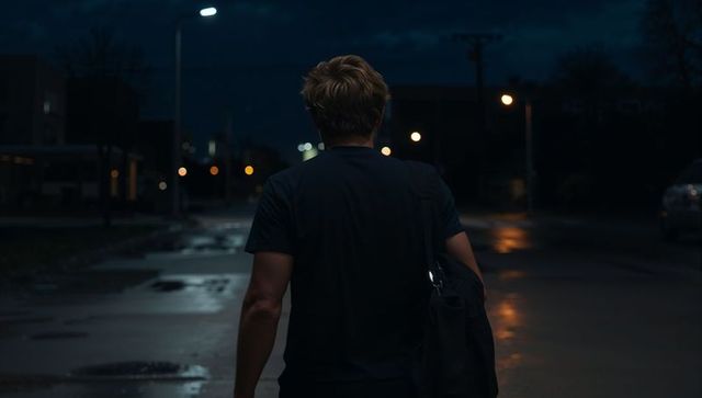 Solitary man walking down wet urban street at night with puddles reflecting streetlamps
