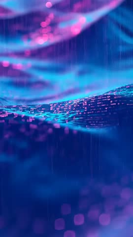 Pulling Back Revealing Neon Cyberpunk Wave Surf with Pixel Grid Drops and Rain Streaks