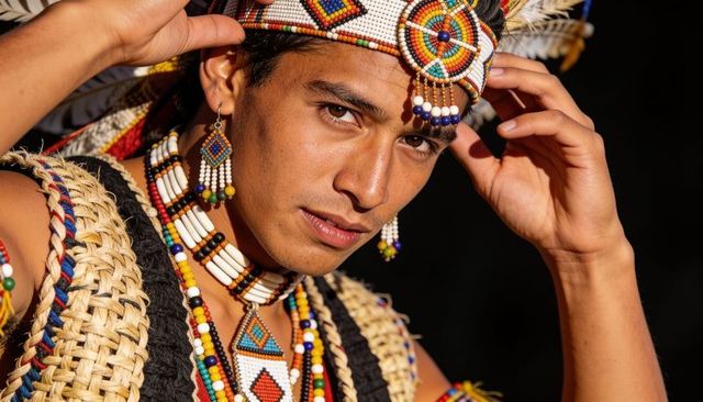 Indigenous man wearing colorful beaded headdress and woven vest, tribal beadwork portrait