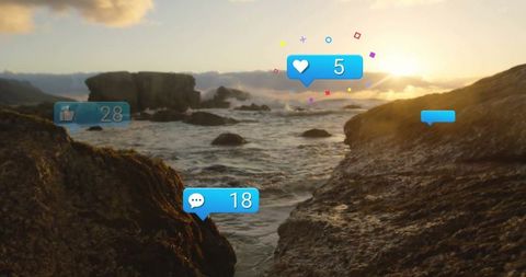 Digital Social Media Notifications over Sunset Coastal Seascape