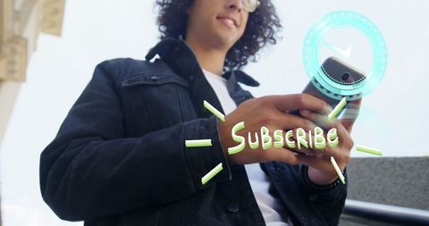 Man with smartphone and subscribe overlay for digital engagement