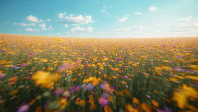 Swaying wildflower meadow with motion blur under blue sky, vibrant summer field