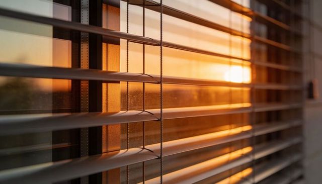 Warm sunset streaming through venetian blinds casting amber light and window reflections