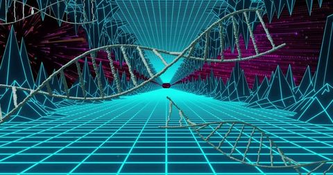 Futuristic DNA Helix in Neon Virtual Tunnel