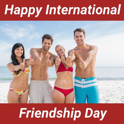 Happy Friends Celebrating International Friendship Day on Beach