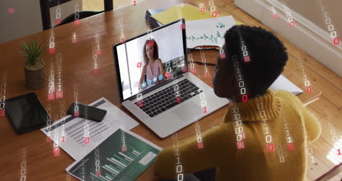 Video Call Discussion with Binary Code Animation Overlay