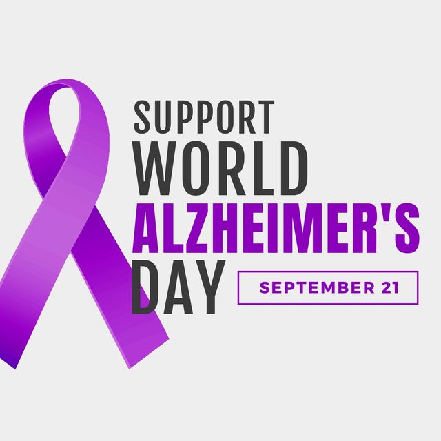 Illustration of purple awareness ribbon with support world alzheimer's day and september 21 text. copy space, white background, support, disease, healthcare, awareness and campaign concept.