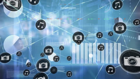 Digital Media Icons Floating Over Data Analysis Background