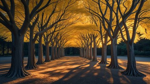 Symmetrical grove with golden autumn foliage in peaceful park