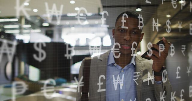 Businessman Giving Presentation Using Global Currency Symbols in Modern Office - Download Free Stock Images Pikwizard.com