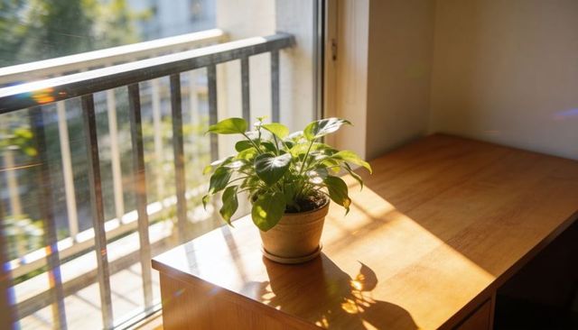 Basking green potted plant catching morning sunlight on wooden desk by sliding glass door