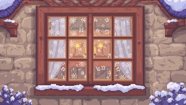 Cozy pixel-art cottage window glowing through frosted panes with snow-dusted wooden frame