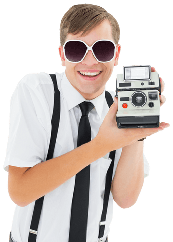 transparent geeky hipster with retro camera smiling - Download Free Stock Videos Pikwizard.com