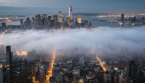 Fog bank slicing through manhattan skyline at dusk with one world trade center illuminated