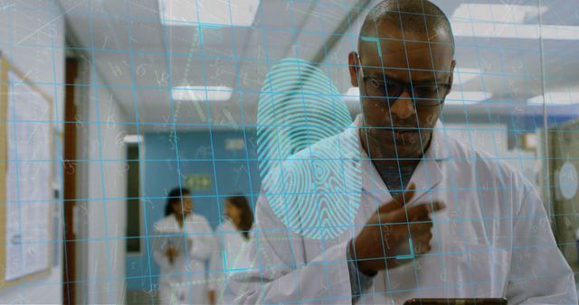 Doctor in White Coat Analyzing Digital Fingerprint Data in Hospital Corridor - Download Free Stock Images Pikwizard.com