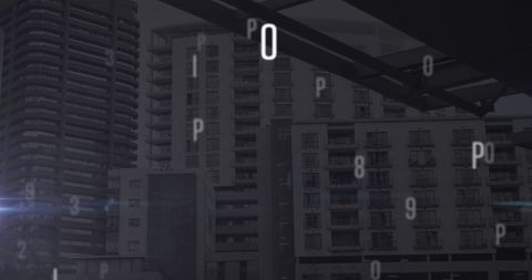 Digital Numbers Cascading Over Urban Cityscape Background