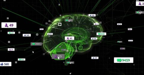 Futuristic cyber brain model with digital notifications and nodes