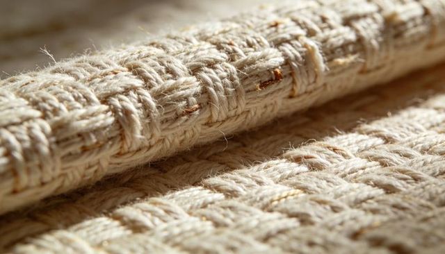 Cream woven textile with gold thread macro texture showing thick yarns and loose fibers
