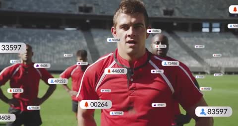 Athletes on Field with Hovering Digital Notifications for Sports Analytics