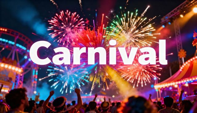 Carnival night fireworks and fairground crowd celebrating with colorful lightshow and rides