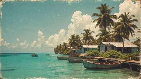 Tranquil haiti tropical dock with wooden rowboats and palm trees