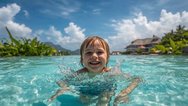 Happy Child Enjoying Pool in Tropical Resort Setting