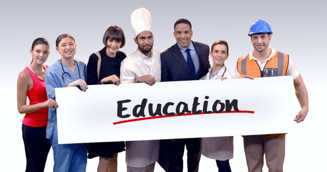 Diverse group of professionals from various fields holding an education sign. This image can be used for promoting educational programs, career guidance materials, recruitment campaigns, and teamwork or unity themes in corporate or educational settings.