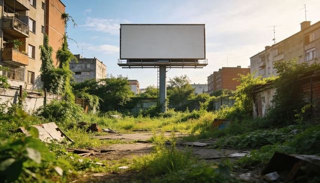 Towering blank billboard rising over overgrown vacant lot with cracked slabs and urban decay