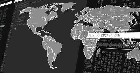 Global cybersecurity dashboard showing file encryption, code streams, terminal data