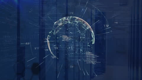 Futuristic Connection of Globe and Data Overlays in Server Room