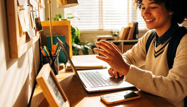 Smiling student studying at cozy sunlit desk with laptop, smartphone, notebooks, plant