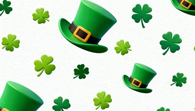 Green leprechaun hat tilting among floating shamrocks on white paper background