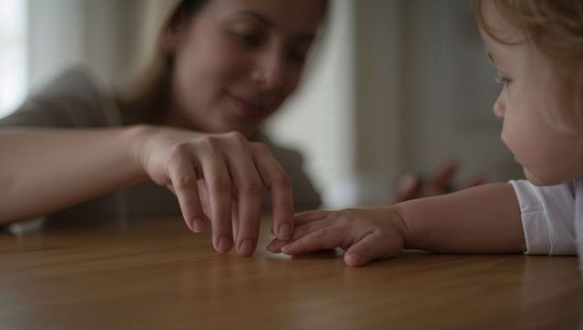 Caregiver reaching for toddler hand on wooden table, tender family bonding moment