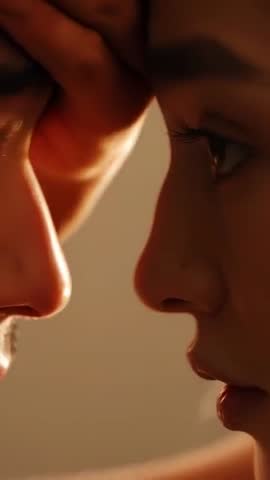 Couple Sharing Tender Forehead Touch, Ringed Hand Soothing Brow in Vertical Closeup Video
