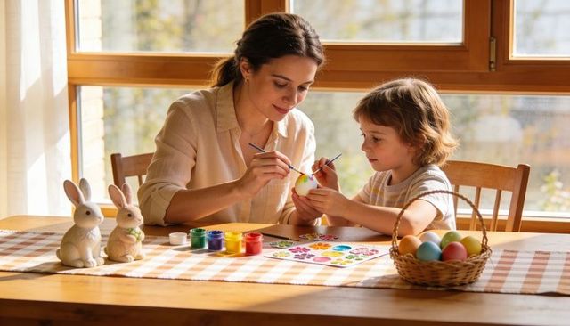 Mother and child painting easter eggs together on sunlit kitchen table, family bonding