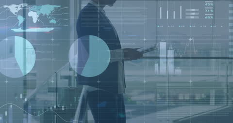 Businesswoman Analyzing Financial Data Overlaid with Digital Graphics