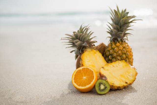 Display of tropical fruits, including pineapple, orange, and kiwi, on sandy beach. Image reflects summer, vacation, and healthy living. Suitable for travel advertisements, health and wellness promotions, and summer-themed content.