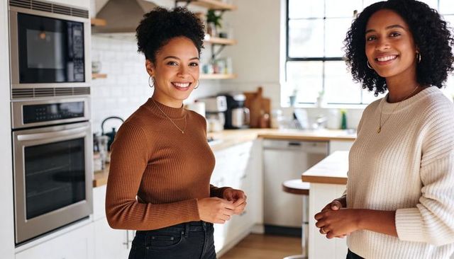 Smiling friends in cozy modern kitchen wearing brown and cream sweaters, warm lifestyle