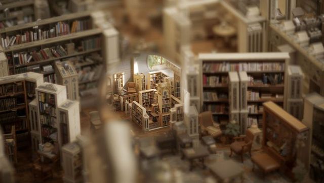 Cozy central reading nook framed by tall bookcases and round window in warm library interior