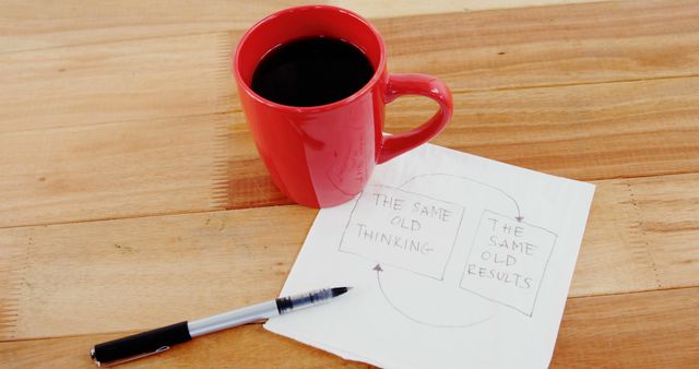 A red mug filled with coffee sits next to a note with a motivational message about changing thinking patterns, with copy space. The scene suggests a moment of reflection or planning, during a coffee break.