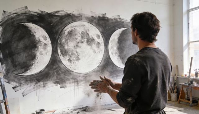 Artist creating dramatic three-moon charcoal mural in sunlit studio, dust-covered hands